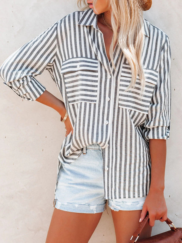 Striped Long Sleeve Shirt - Linen Cotton Button Down Blouse for Women