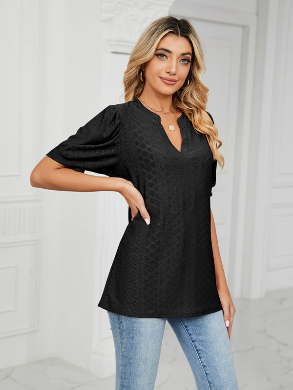 V-Neck Hollow Puff Sleeve Tank Top Rayon Women's Knit Blouse