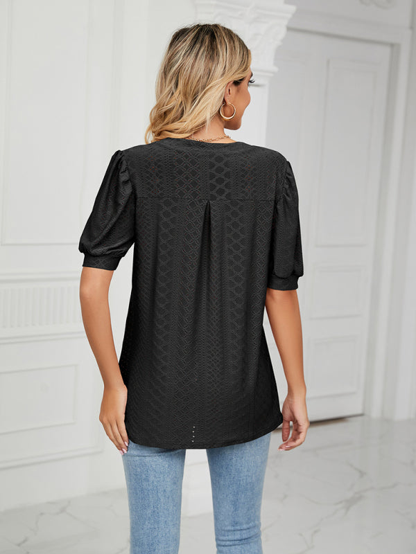 V-Neck Hollow Puff Sleeve Tank Top Rayon Women's Knit Blouse