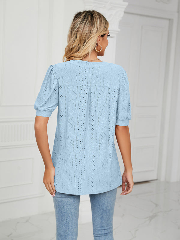 V-Neck Hollow Puff Sleeve Tank Top Rayon Women's Knit Blouse