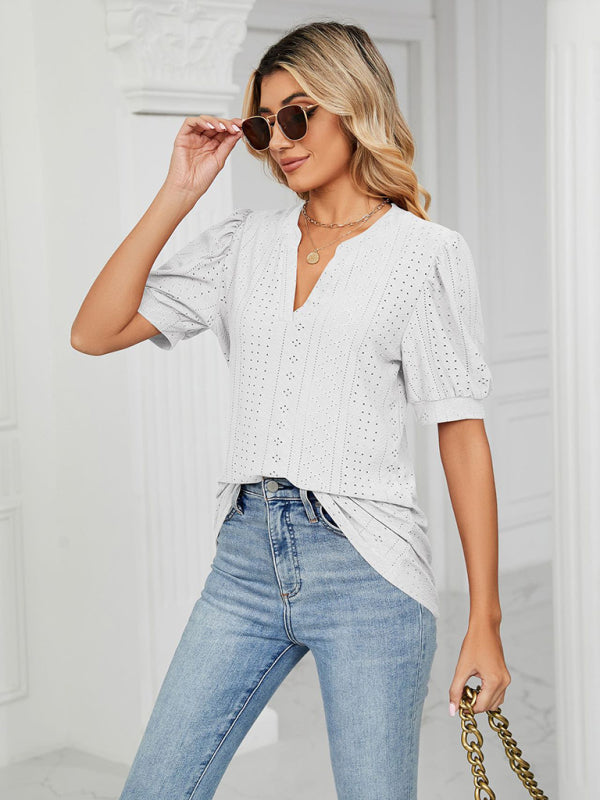 V-Neck Hollow Puff Sleeve Tank Top Rayon Women's Knit Blouse