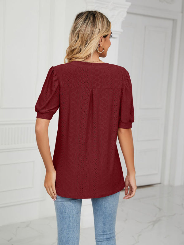 V-Neck Hollow Puff Sleeve Tank Top Rayon Women's Knit Blouse