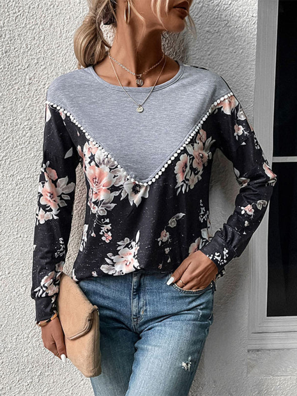 Modern women's long-sleeved color block sweater thin sweater T-shirt