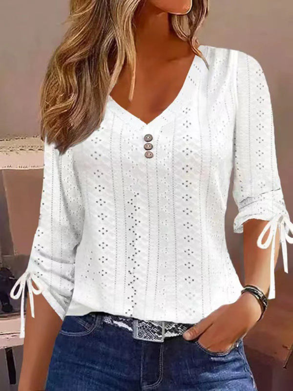 Modern Women's Modern Solid Color Jacquard Button Long Sleeve T-Shirt Top