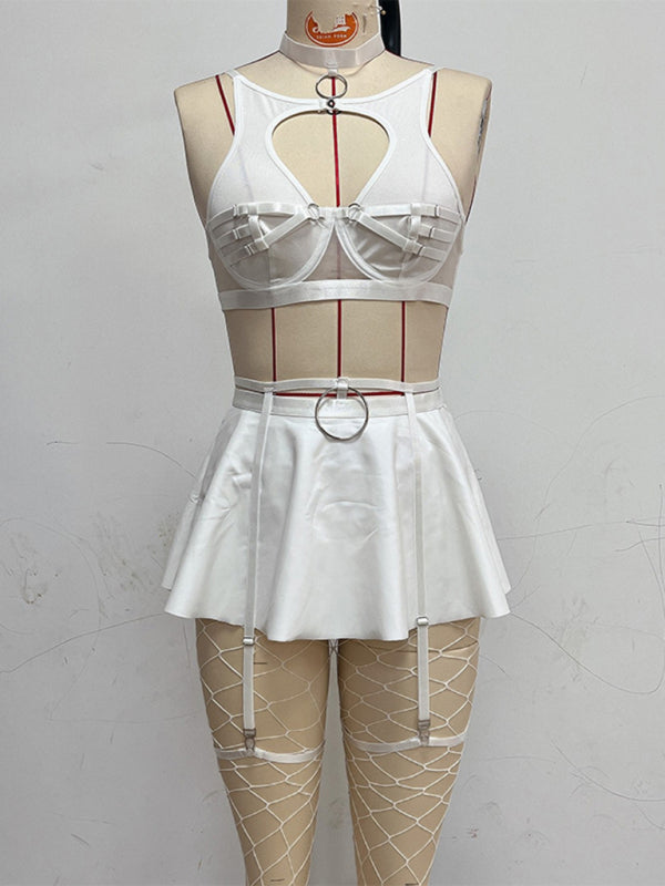Modern cute mesh sexy bra cosplay leather uniform sexy bra set (including fishnet stockings)
