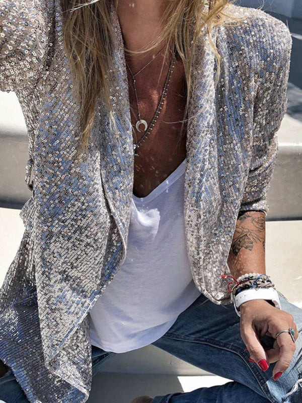 Women's Sequined Blazer - Long Sleeve - Lapel Collar - Multiple Colors