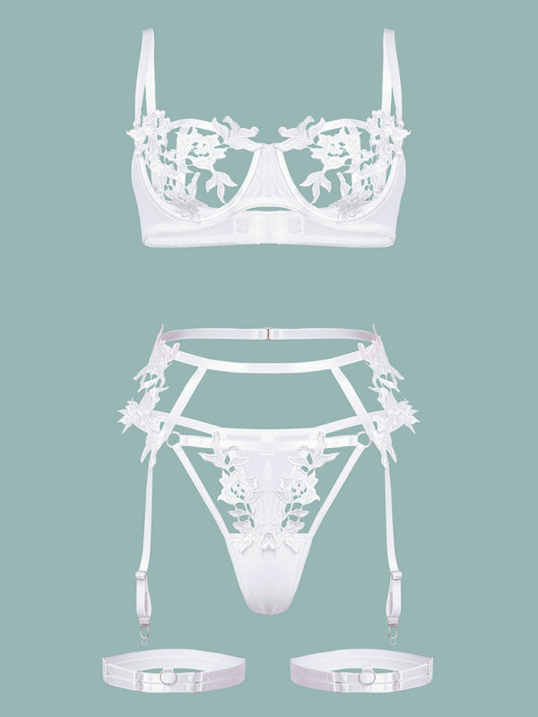 Women's Modern Sexy Embroidered Flower Hollow Webbing Underwire Lingerie Set