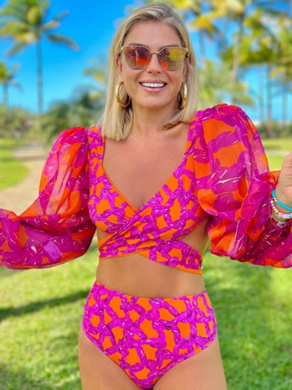Modern Fashion Sexy Printed Vacation Long Sleeve Bikini Set