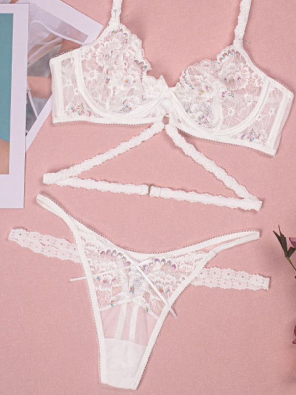 Women's Modern Sexy Flower Embroidered Lingerie Set Lace Thong Bra Three-Piece Set with Underwire