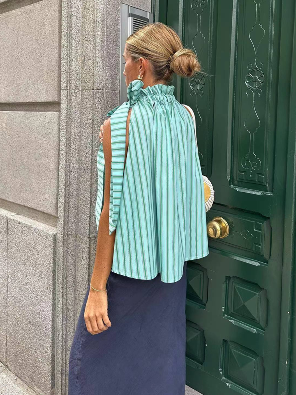Ruffle Collar Striped Top - Casual Loose Sleeveless Blouse for Women