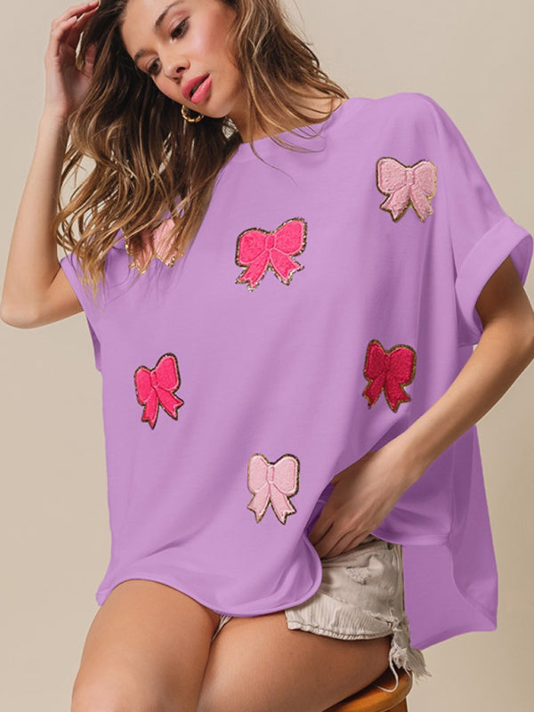 Modern short-sleeved bow sequin embroidered top