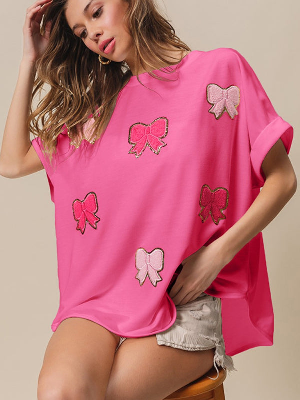 Modern short-sleeved bow sequin embroidered top