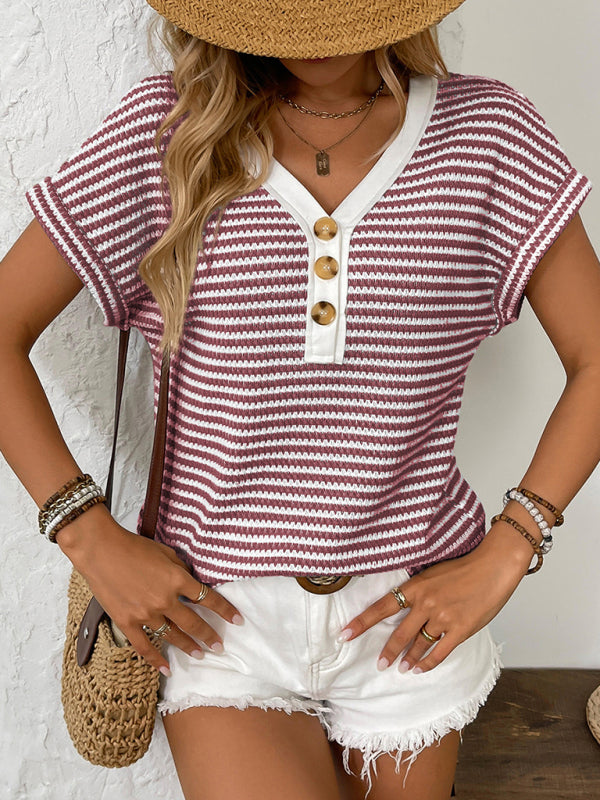 Modern arrival ladies' knitted V-neck button-down short sleeves