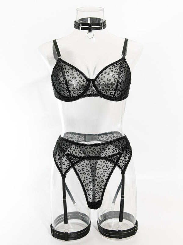 Women's Leopard Print Transparent Mesh Suspenders Sexy Underwear Set