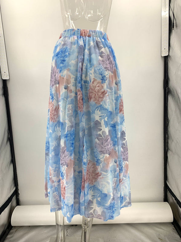 Printed chiffon casual elastic waist skirt