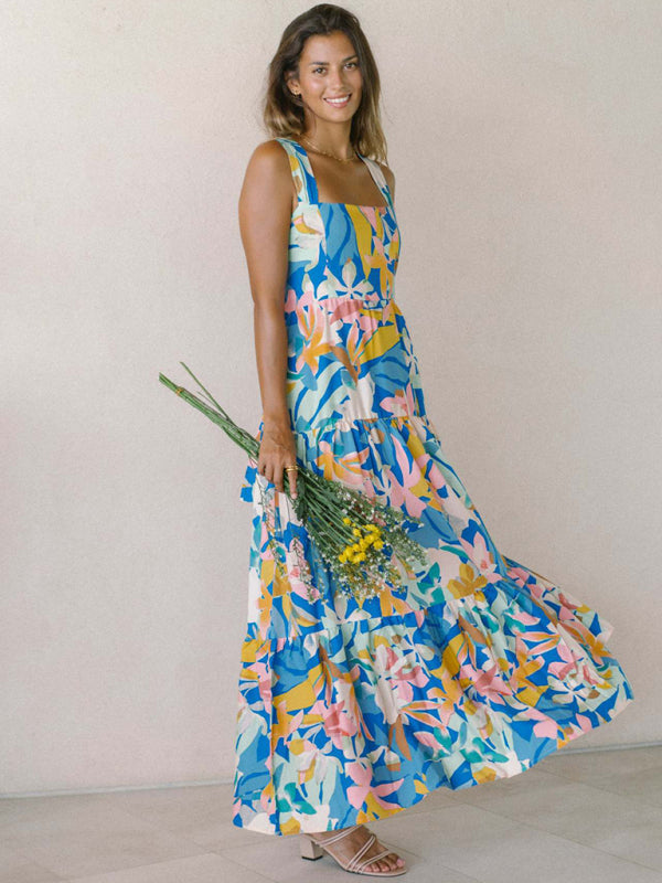 Blue and pink floral print bohemian holiday style beach dress loose suspender dress