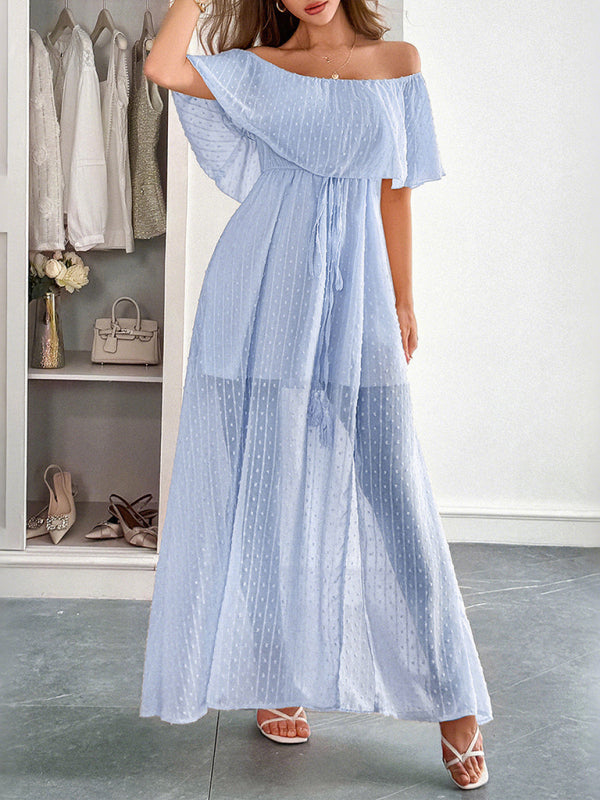 Elegant Strapless Waisted Short Sleeve Long Dress