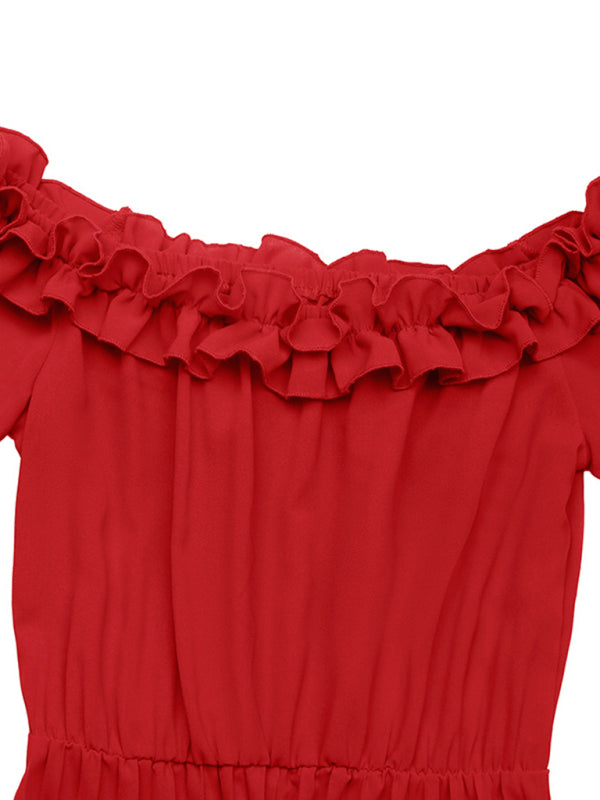 Party elegant sweet style one shoulder long sleeve solid color women's dress