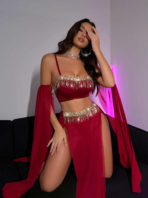 Sexy tassel pole dance fun suit belly dance sequin lace hot set