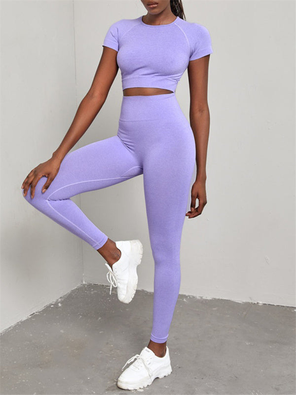 Women's Solid Color Seamless Exercise Yoga Short Sleeve & Pants Set