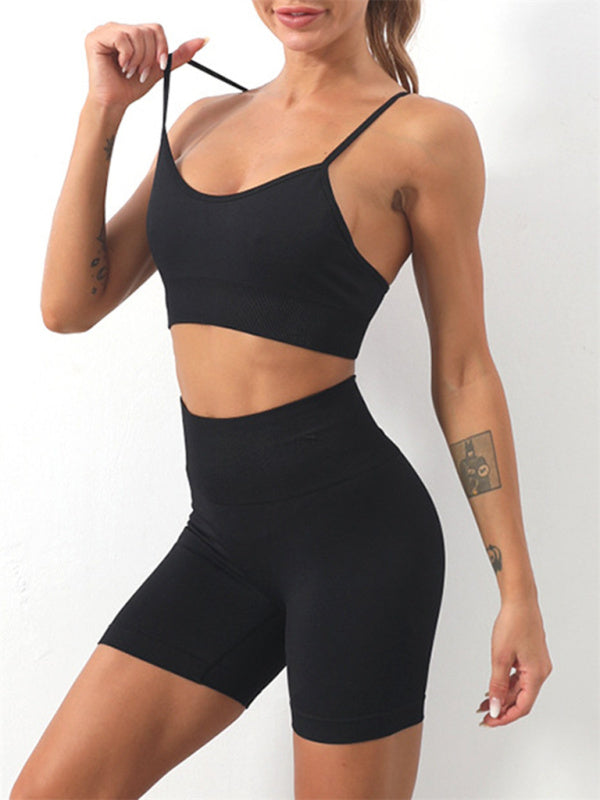 Women's Solid Color Seamless Camisole Yoga Sports Bra & Shorts Set