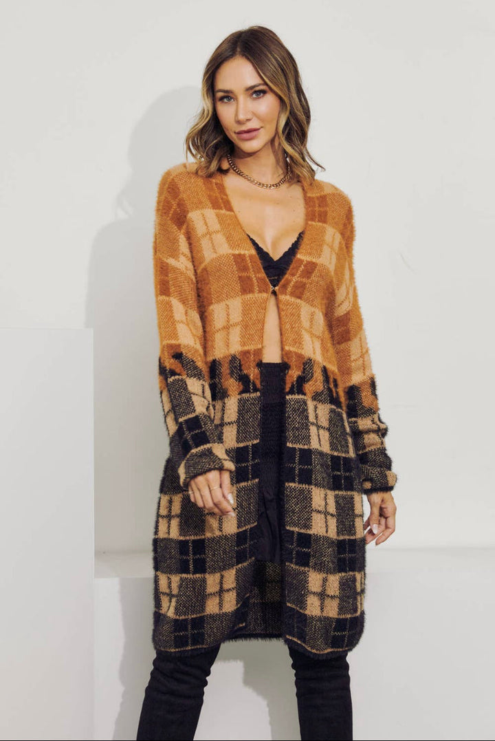 Color Block Plaid Long Cardigan