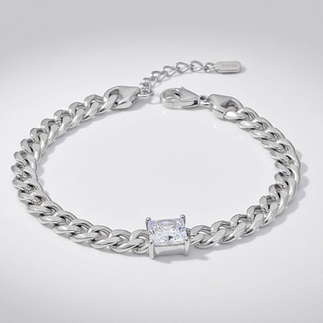 Silver Steel Princess CZ Cuban Chain Bracelet