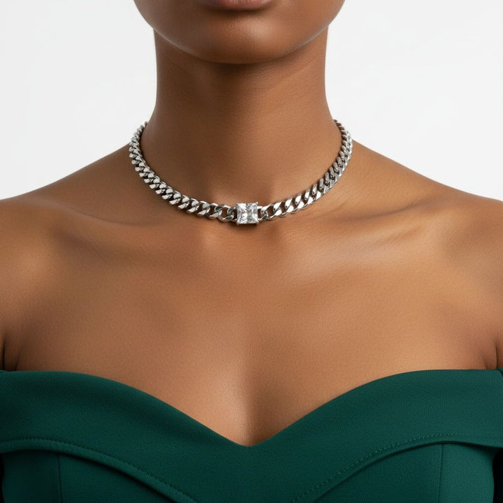 Stainless  Steel Princess CZ Cuban Chain Necklace