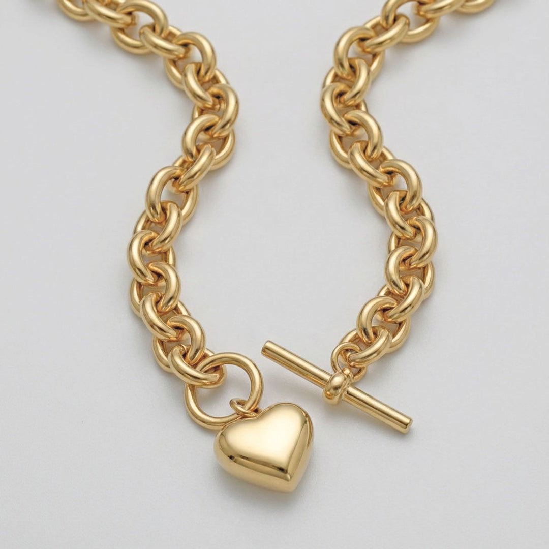 Gold 18K Steel Toggle Heart Rolo Chain Necklace