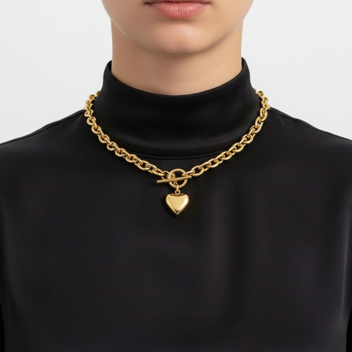 Gold 18K Steel Toggle Heart Rolo Chain Necklace