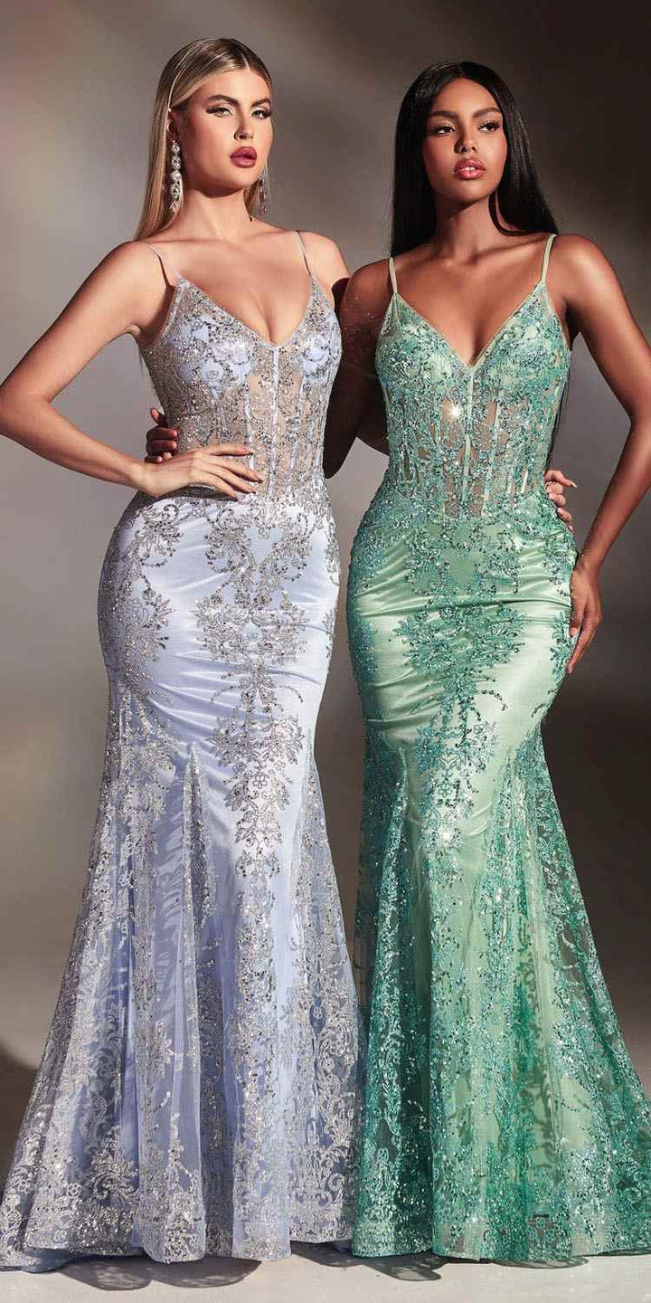 Cinderella Divine J810 Long Fitted Mermaid Gown Metallic Embroidered Lace