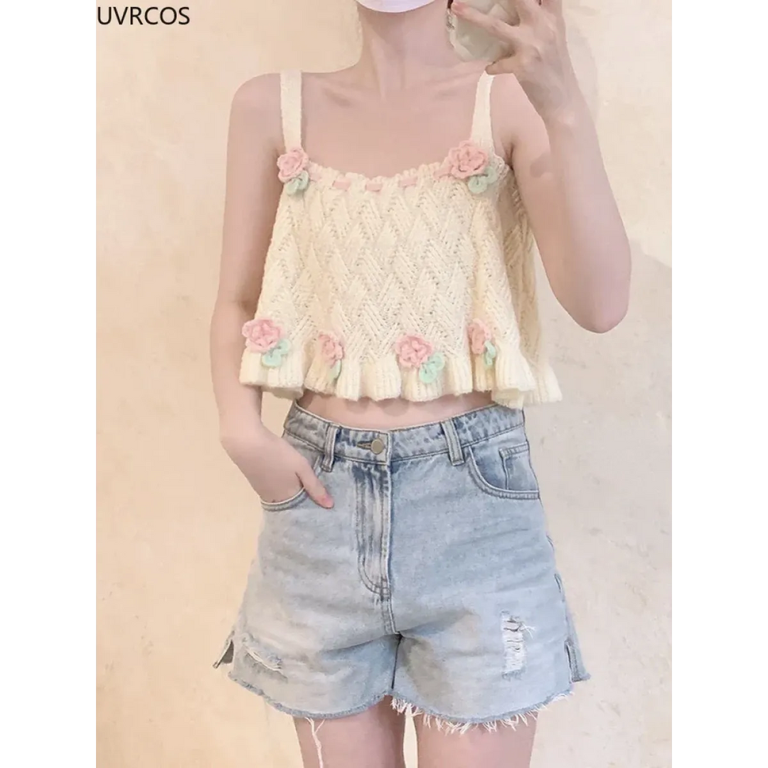Chic Japanese Kawaii Flower Embroidery Knit Tank Top