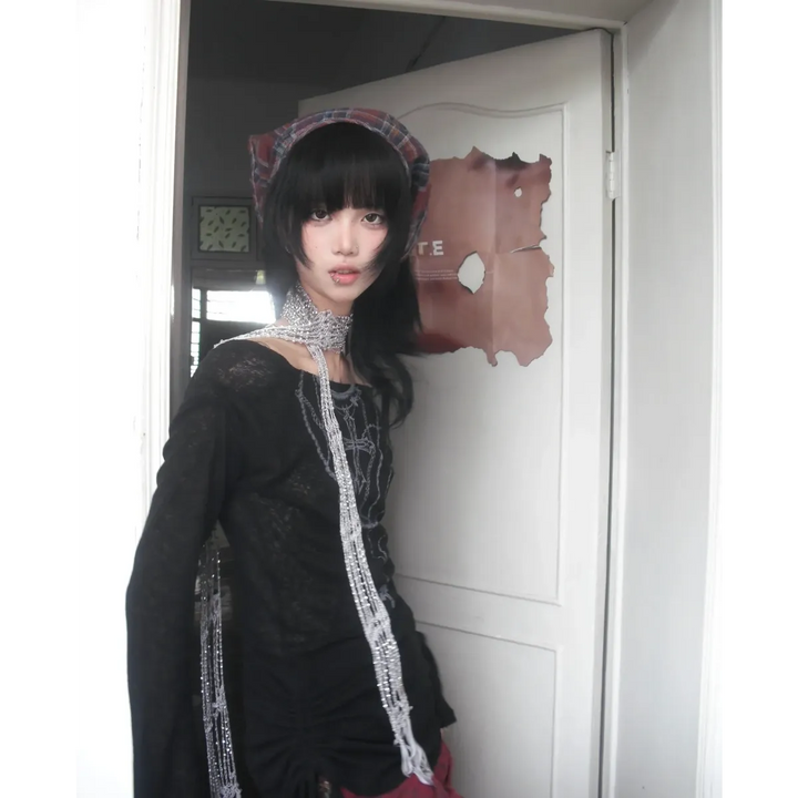 Japanese Knitted Grunge Tattoo Print Long Sleeve T-shirt