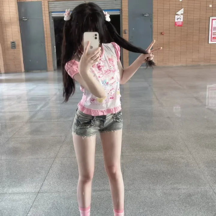 Cute Japanese Print T-Shirt – Colorful Kawaii Summer Top for Girls