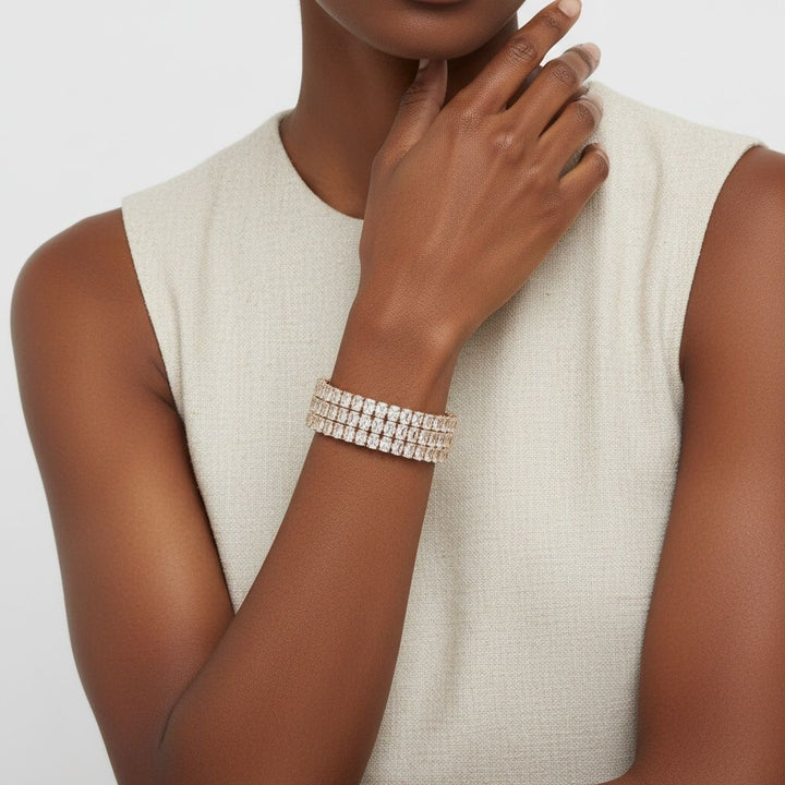 Cuff Baguette CZ 3 Row Gold Memory Wire Bracelet