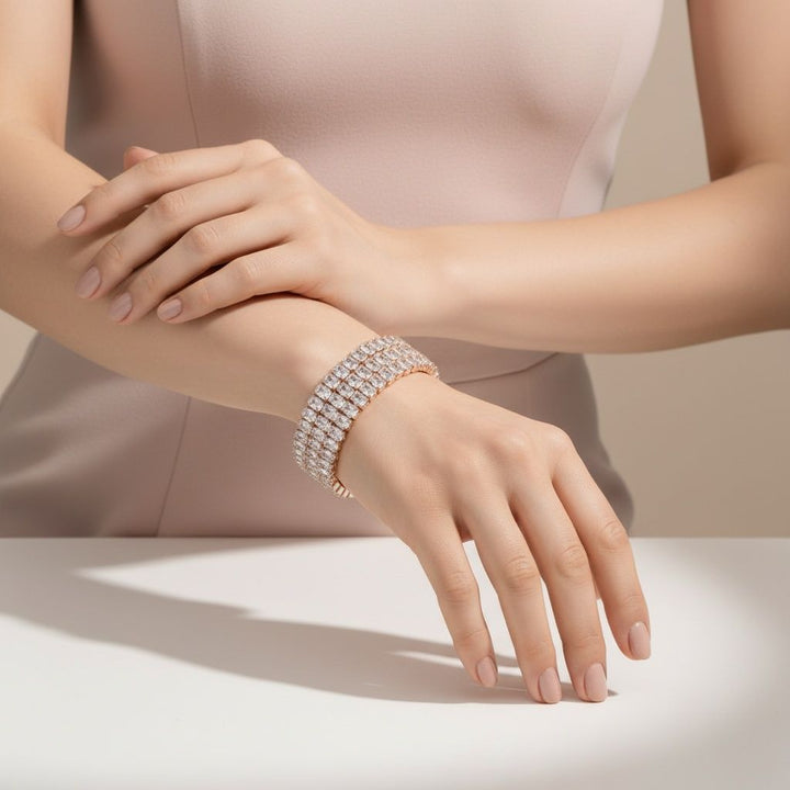 Cuff Baguette CZ 3 Row Gold Memory Wire Bracelet