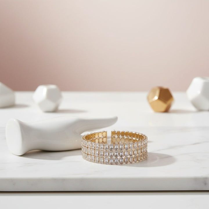 Cuff Baguette CZ 3 Row Gold Memory Wire Bracelet