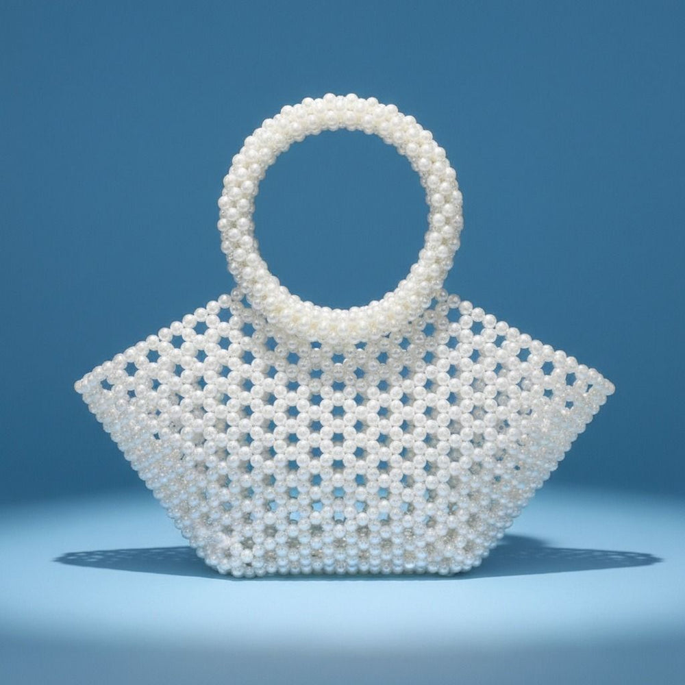 Top Handle Trapeze White Pearl Woven Handbag Bag