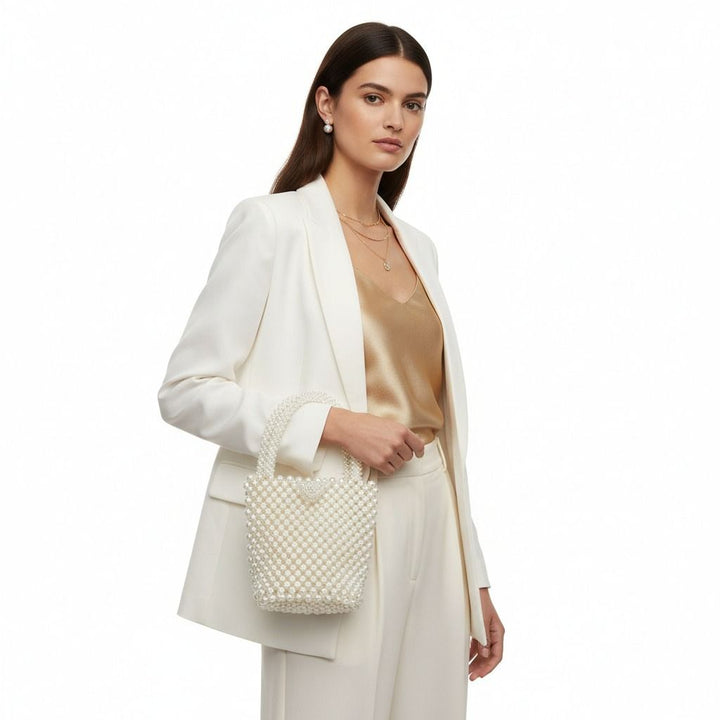 Top Handle Bucket Cream Pearl Woven Handmade Bag