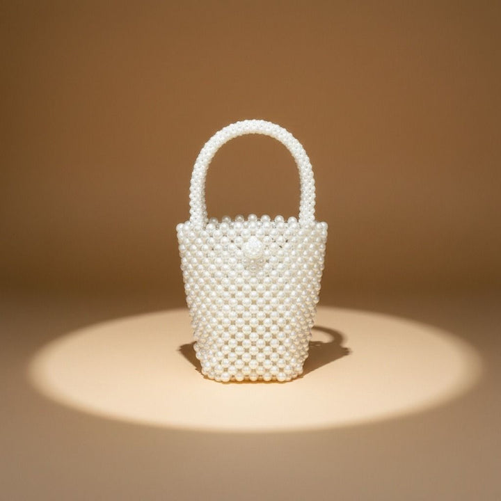 Top Handle Bucket Cream Pearl Woven Handmade Bag