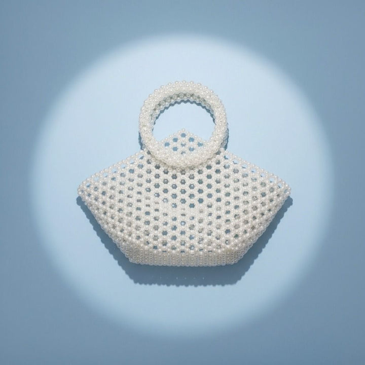 Top Handle Trapeze White Pearl Woven Handbag Bag