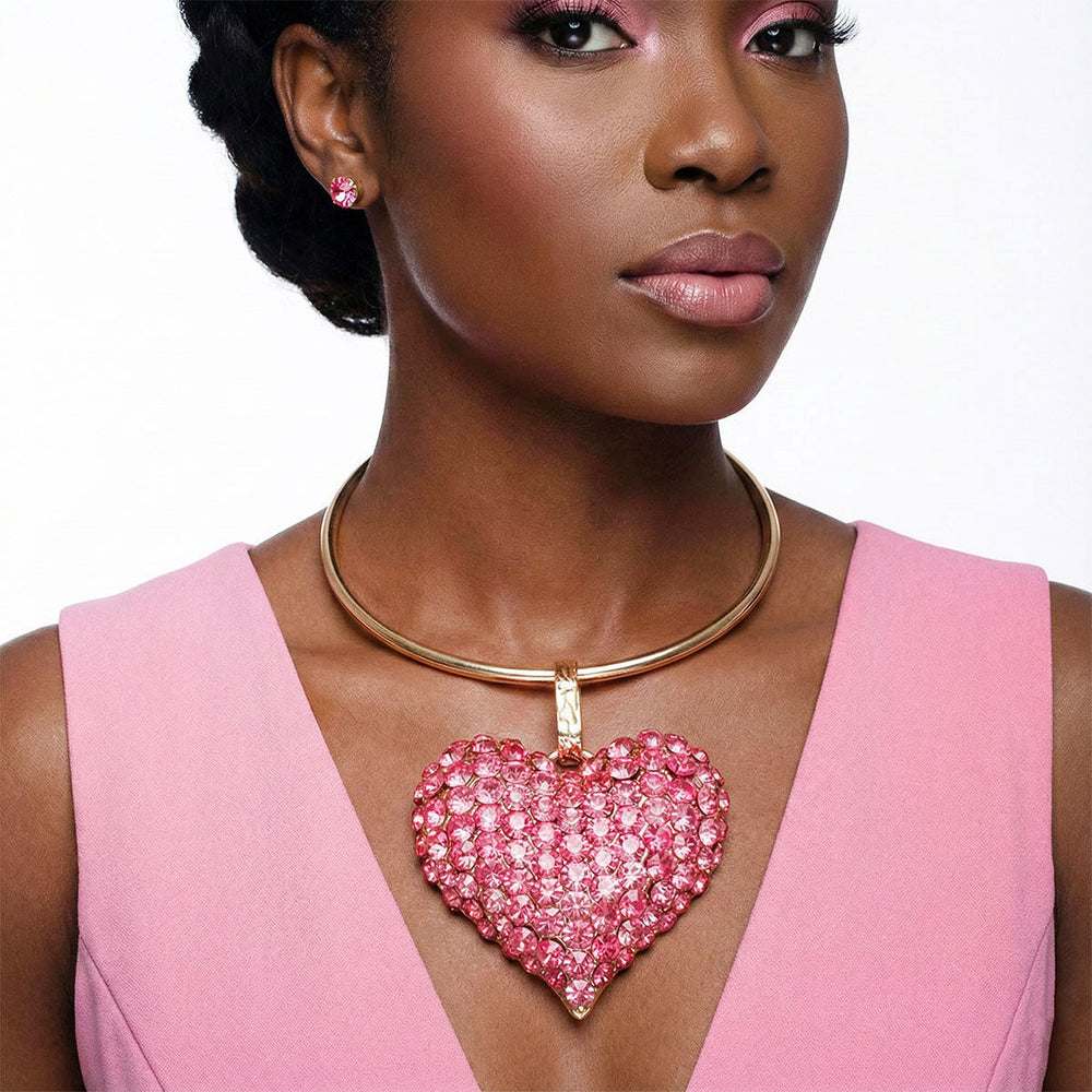 Pendant Fuchsia Stone Domed Heart Chunky Necklace
