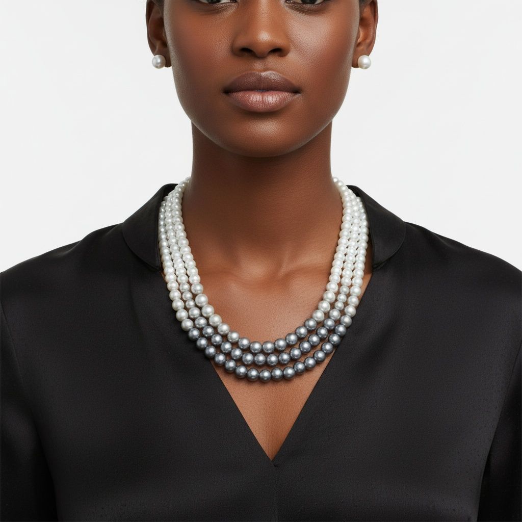 Glass Pearl Gray White Ombre 3 Strand Necklace
