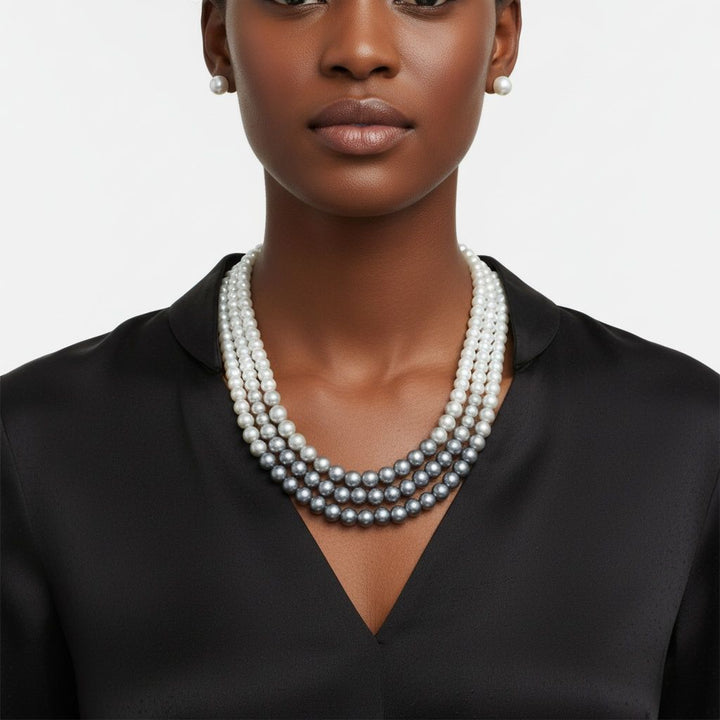 Glass Pearl Gray White Ombre 3 Strand Necklace