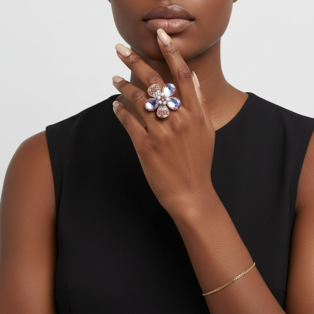 Cocktail Ring Mixed Purple Teardrop Crystal Flower