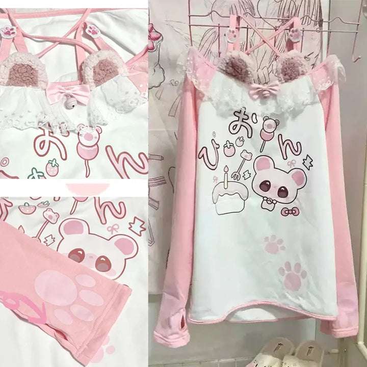 Kawaii Bear Print Top – Harajuku Pastel Yume Cute Aesthetic