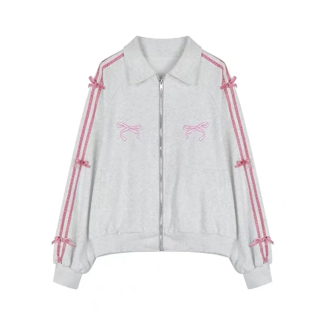 Kawaii Bow Tracksuit – Striped Sweatshirt & Casual Pants