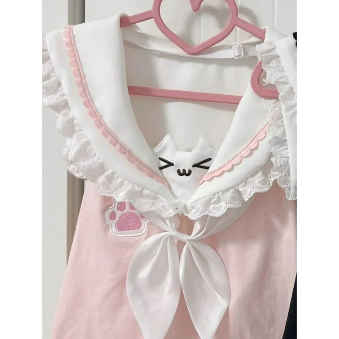 Kawaii Cat Lace Sailor Crop Top