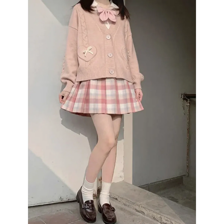 Kawaii Knitted Cardigan – Women's Heart Pocket Bow Sweater
