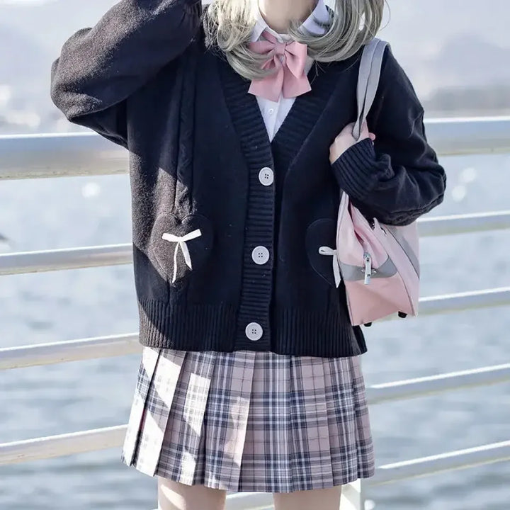 Kawaii Knitted Cardigan – Women's Heart Pocket Bow Sweater